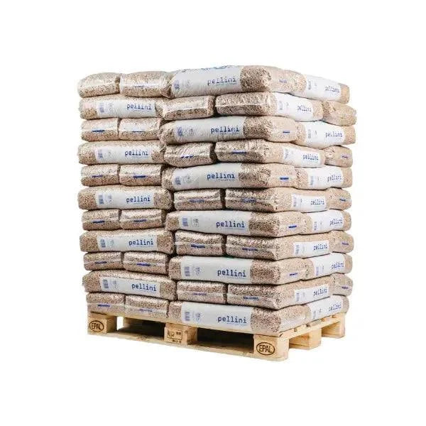 PELLINI Holzpellets in transparenten Säcken auf Palette