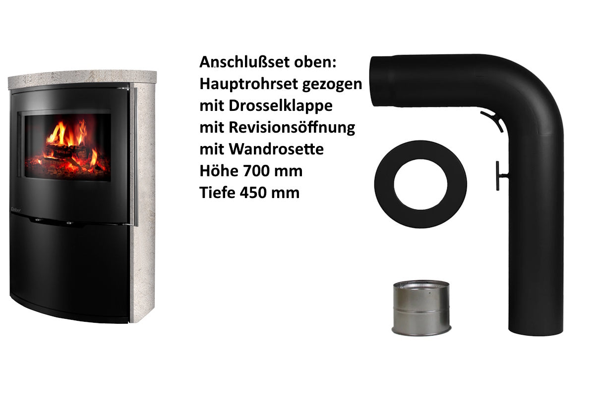 Ember Kamin O 1 XL mit heller Verkleidung und oberem Anschlusszubehör