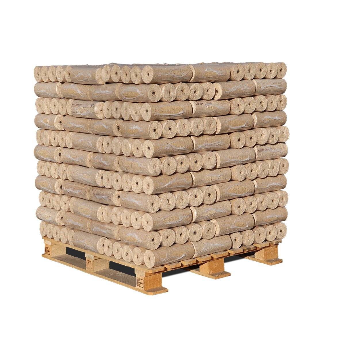 Runde Holzbriketts mit Mittelloch in Folienpaketen auf Palette