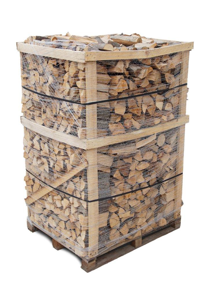 Brennholz in einer mit Folie gesicherten Holzkiste auf Palette