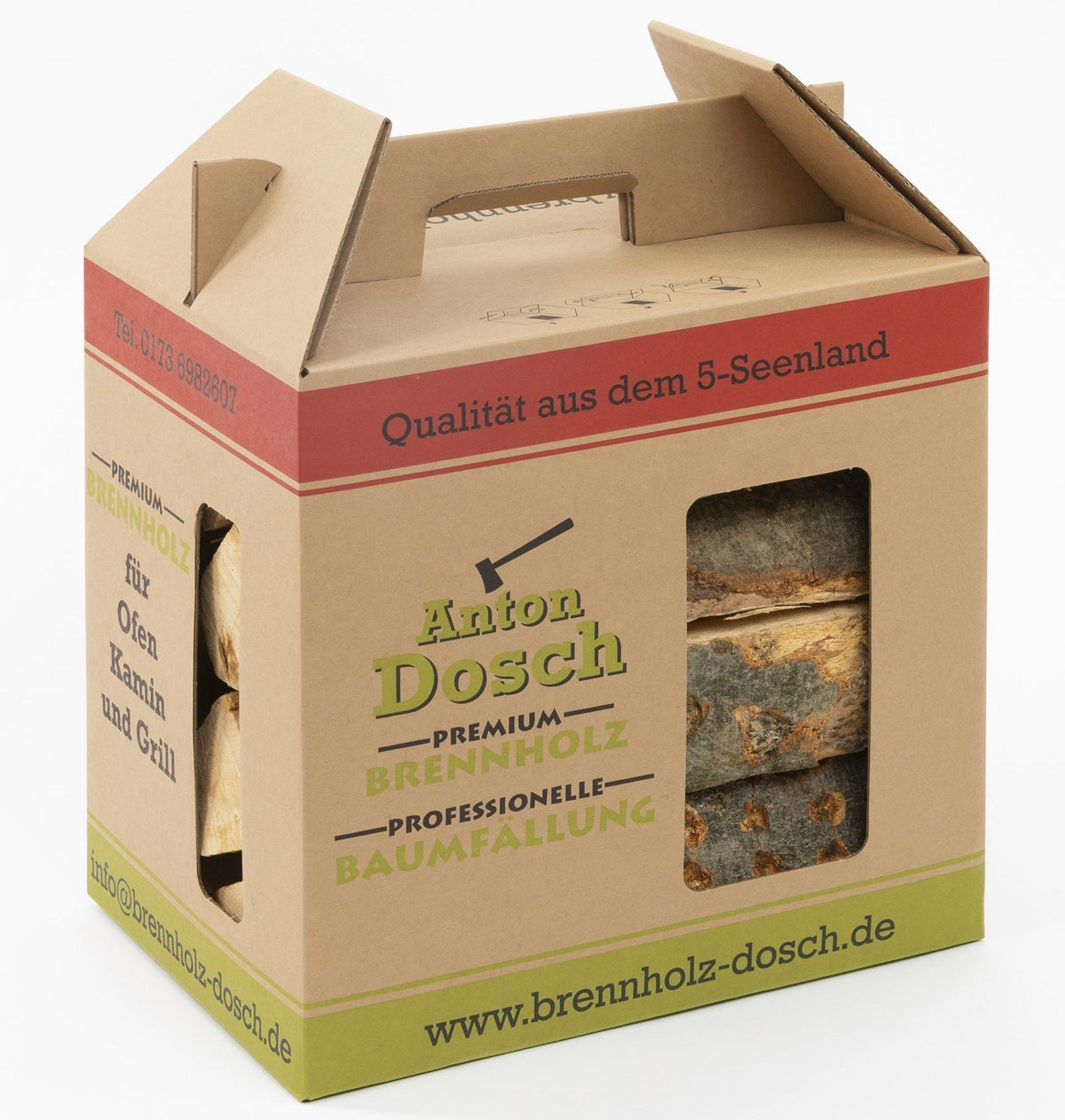 Brennholzscheite im geöffneten Karton