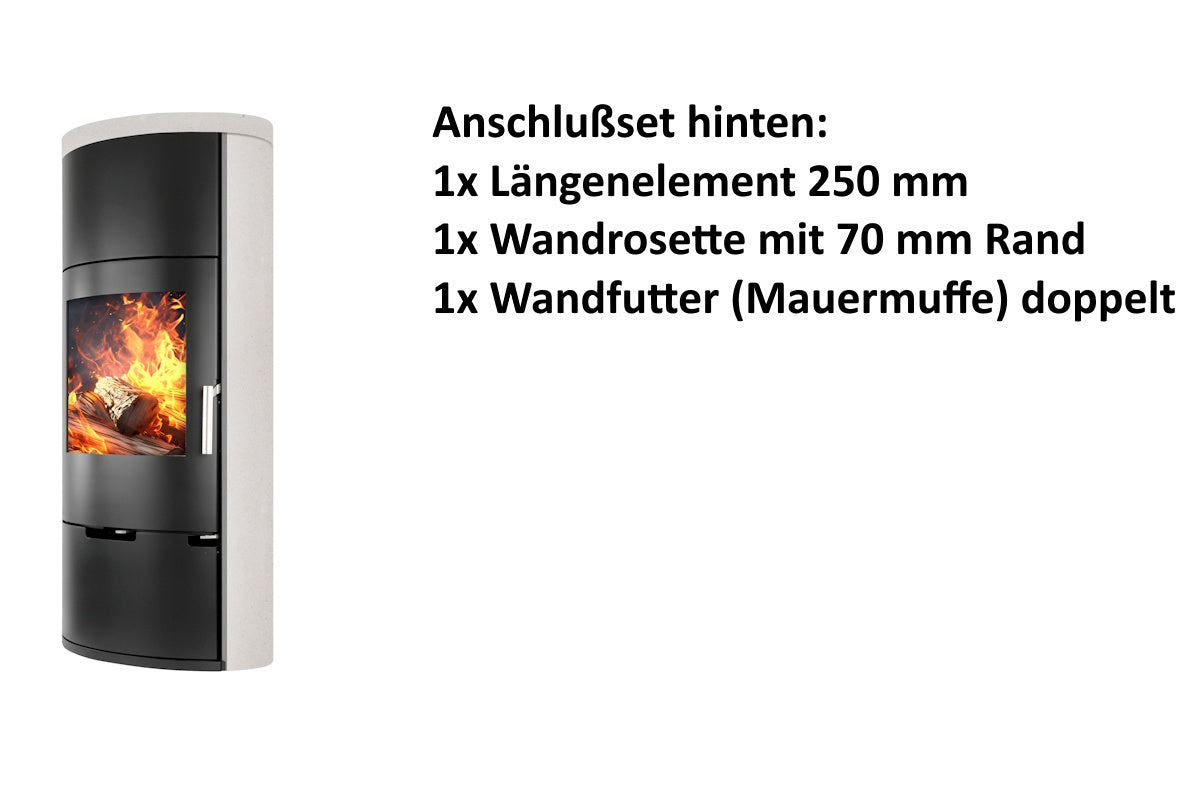 Ember Kamin E-11 mit heller Verkleidung und hinterem Anschlusszubehör