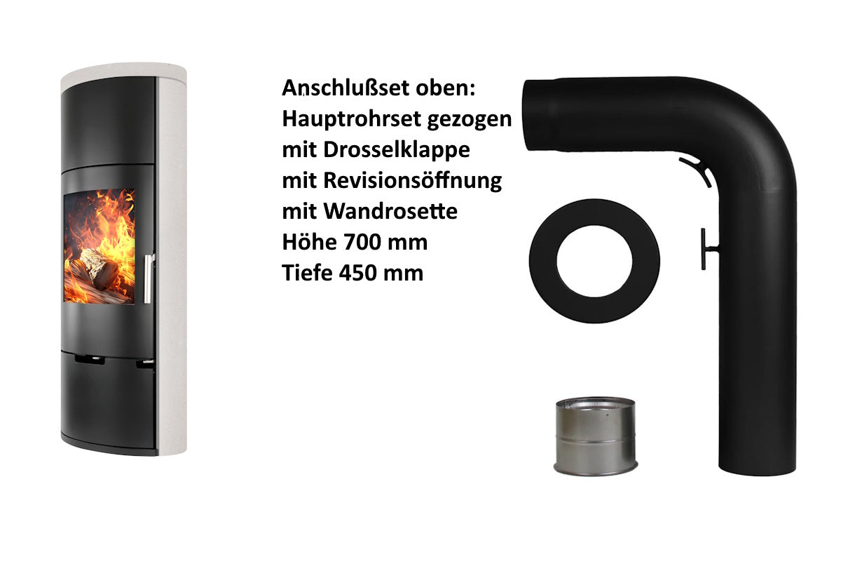Ember Kamin E-11 mit heller Verkleidung und oberem Anschlusszubehör
