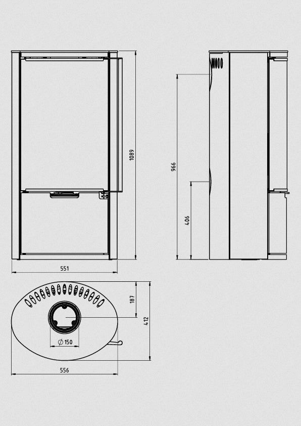 Masszeichnung des Ember Kamins E-14 VG