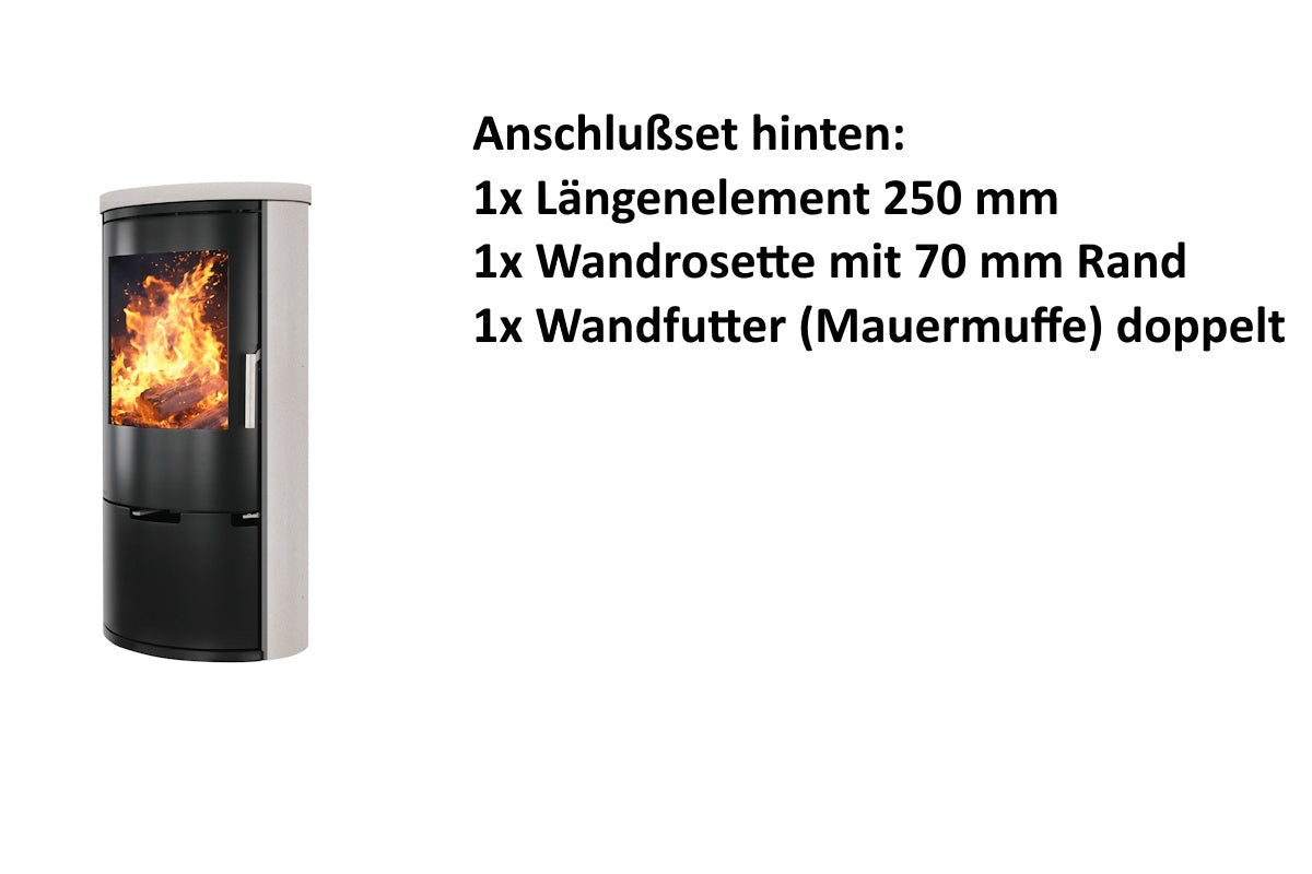 Ember Kamin E-14 mit heller Verkleidung und hinterem Anschlusszubehör