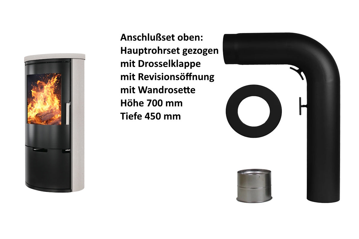 Ember Kamin E-14 mit heller Verkleidung und oberem Anschlusszubehör