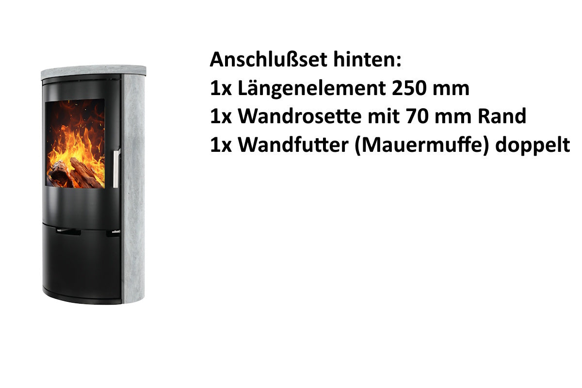 Ember Kamin E-14 mit grauer Verkleidung und hinterem Anschlusszubehör