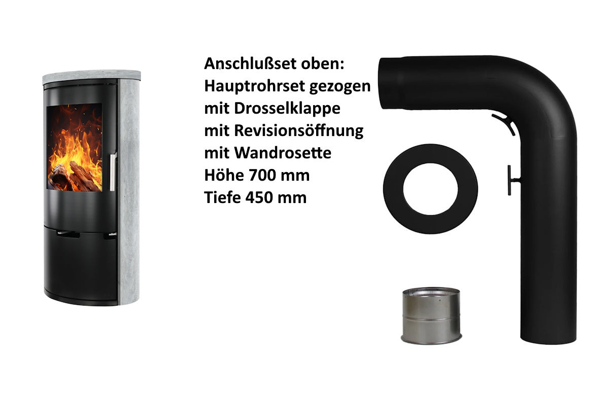 Ember Kamin E-14 mit grauer Verkleidung und oberem Anschlusszubehör