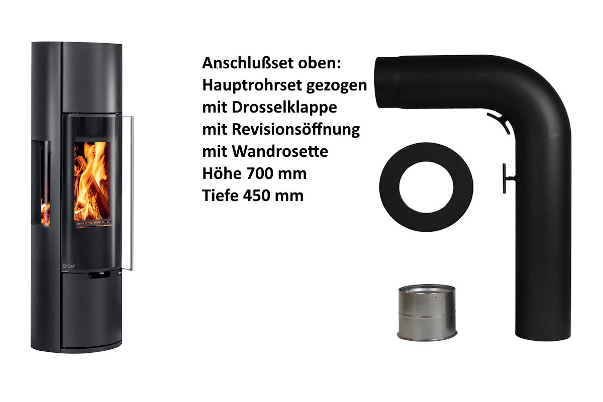 Ember Kaminofen E-15XL mit Zubehör für den oberen Rauchrohranschluss