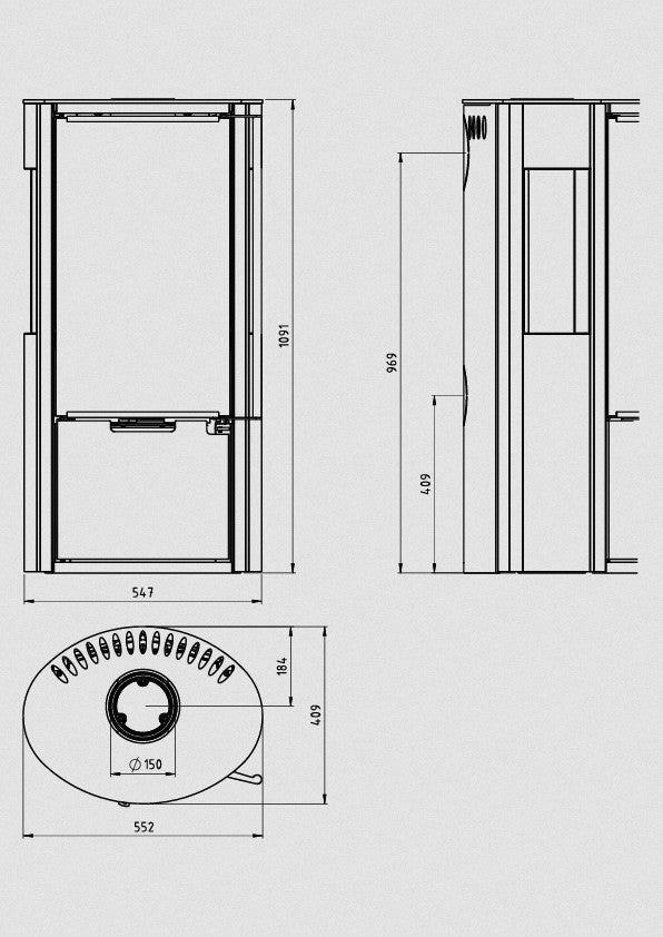 Masszeichnung des Ember Kaminofens E-15