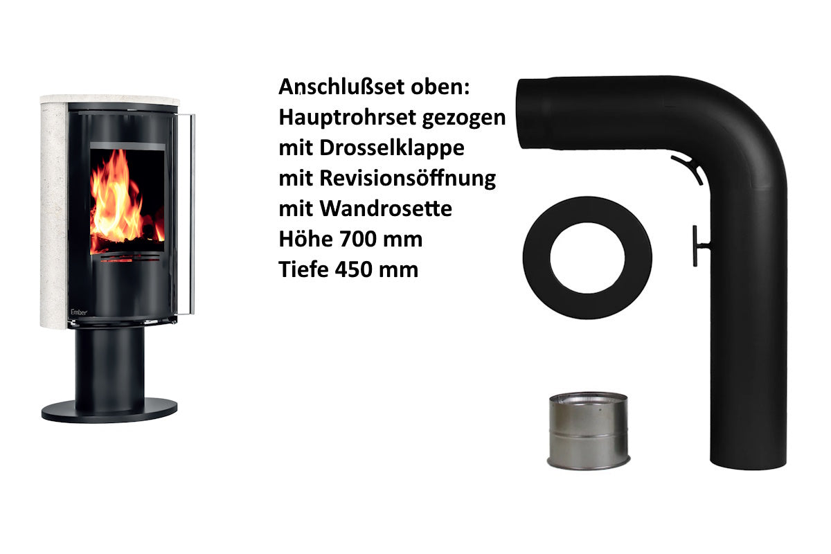Ember Kamin E-16 VG mit heller Verkleidung und oberem Anschlusszubehör