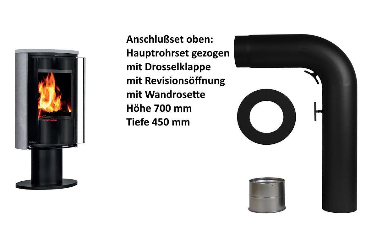Ember Kamin E-16 VG mit grauer Verkleidung und oberem Anschlusszubehör