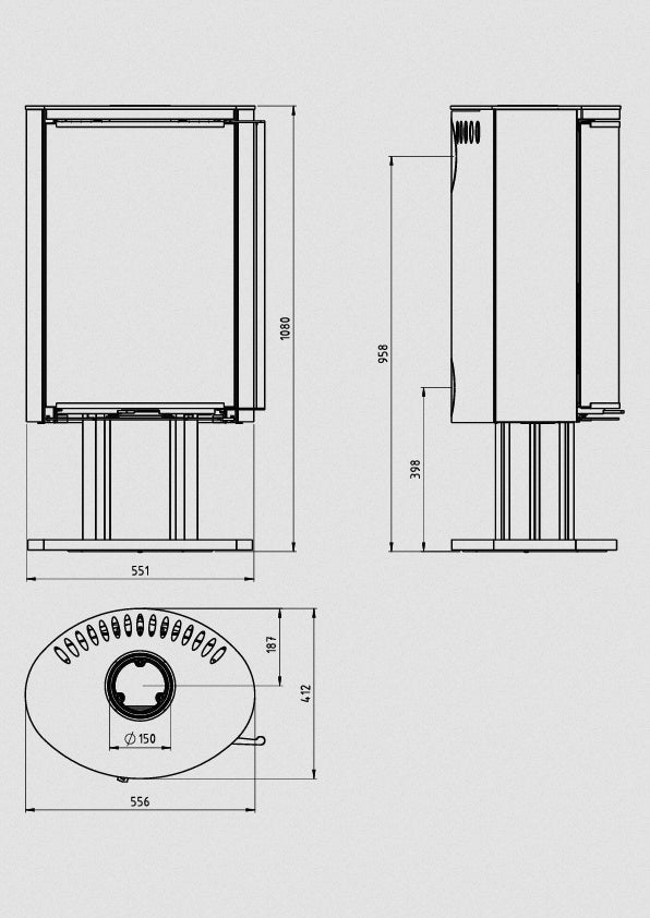 Masszeichnung des Ember Kamins E-16 VG