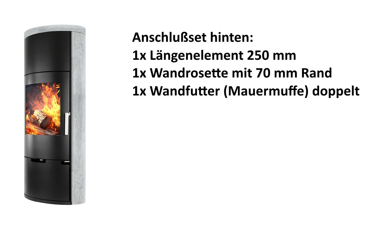 Ember Kamin E-11 mit grauer Verkleidung und hinterem Anschlusszubehör