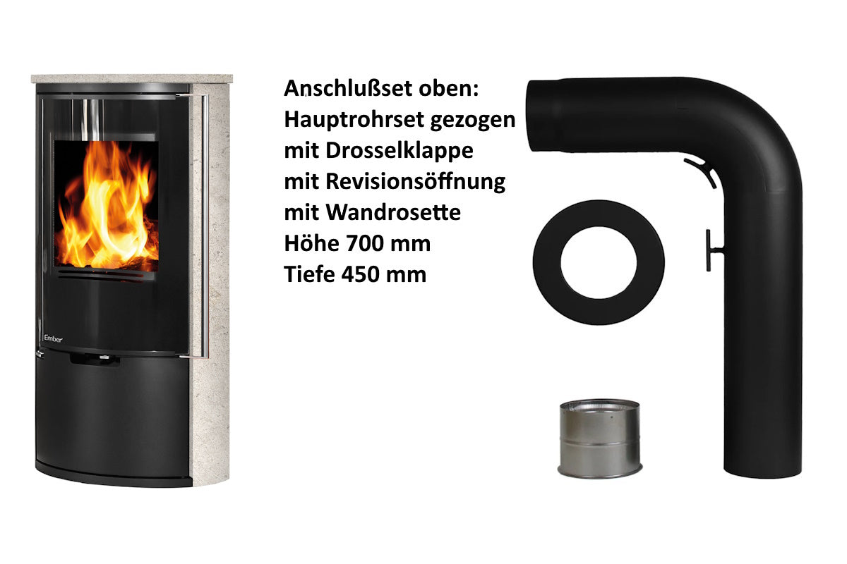 Ember Kamin E-14 VG mit heller Verkleidung und oberem Anschlusszubehör
