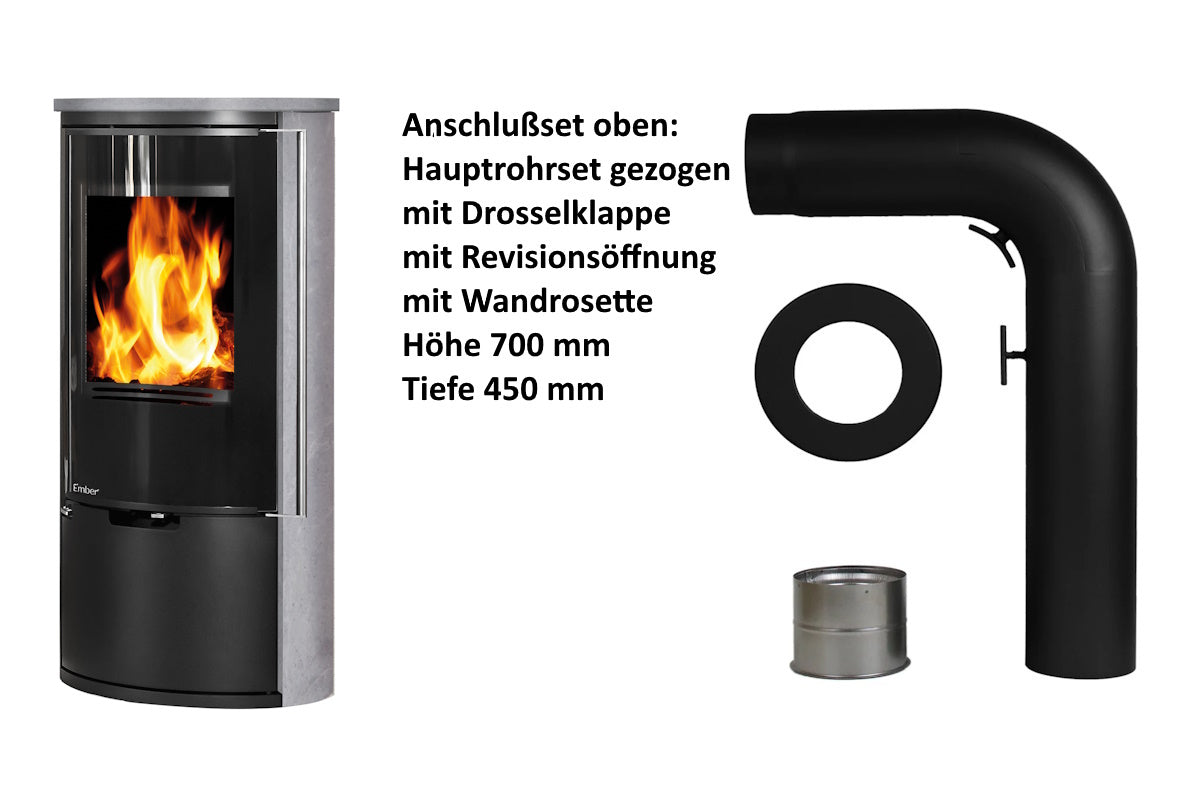 Ember Kamin E-14 VG mit grauer Verkleidung und oberem Anschlusszubehör