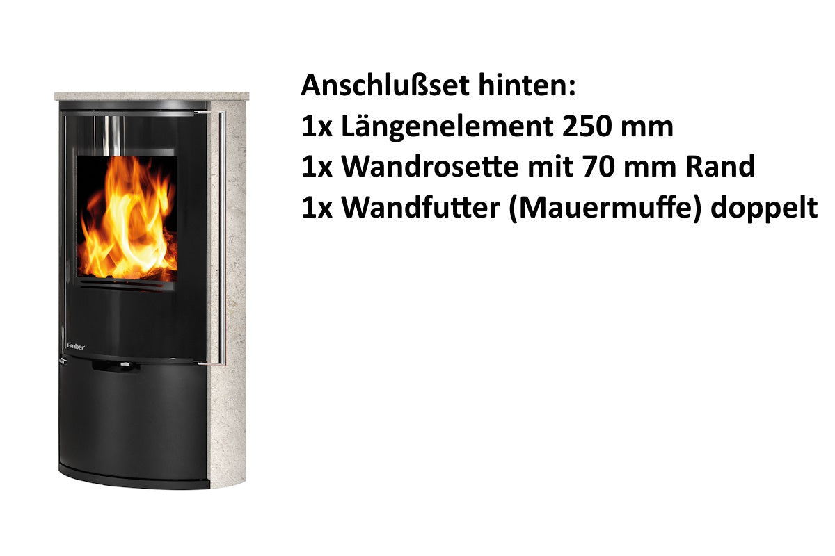 Ember Kamin E-14 VG mit heller Verkleidung und hinterem Anschlusszubehör