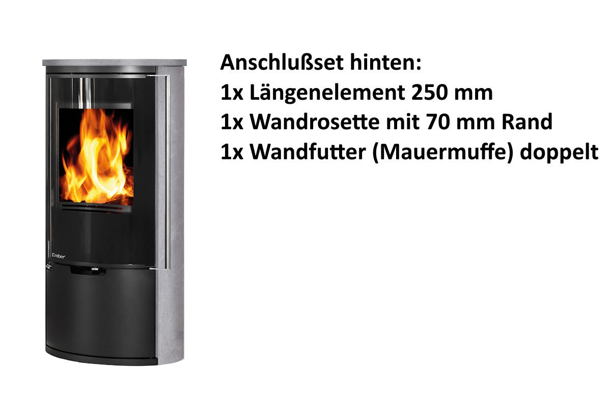 Ember Kamin E-14 VG mit grauer Verkleidung und hinterem Anschlusszubehör