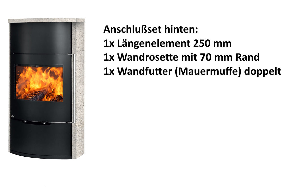 Ember Kamin O 2 mit heller Verkleidung und hinterem Anschlusszubehör
