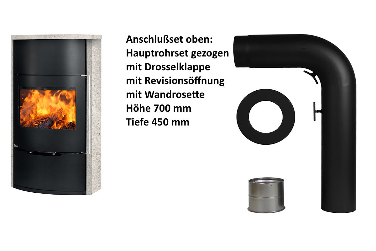 Ember Kamin O 2 mit heller Verkleidung und oberem Anschlusszubehör