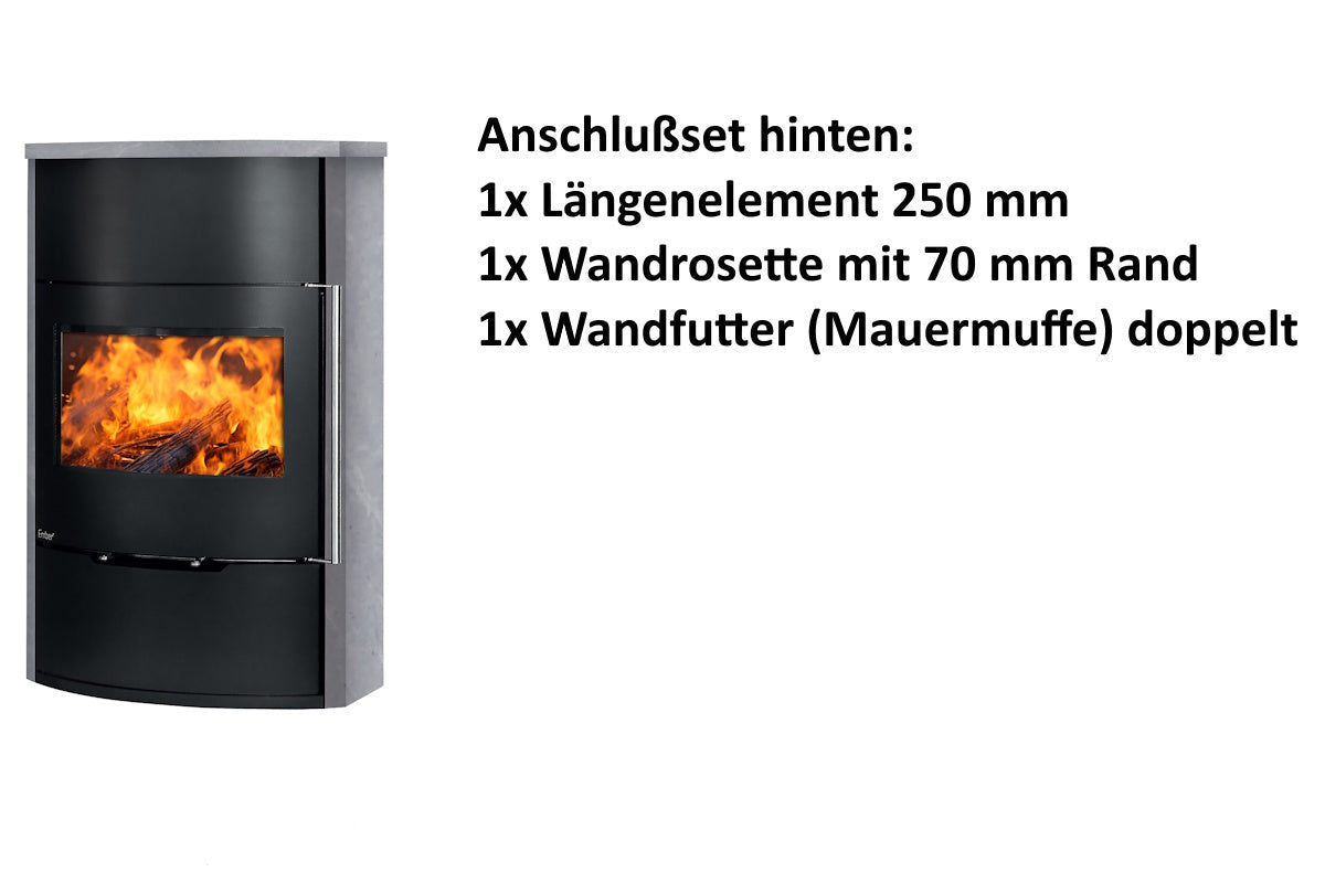 Ember Kamin O 2 mit grauer Verkleidung und hinterem Anschlusszubehör