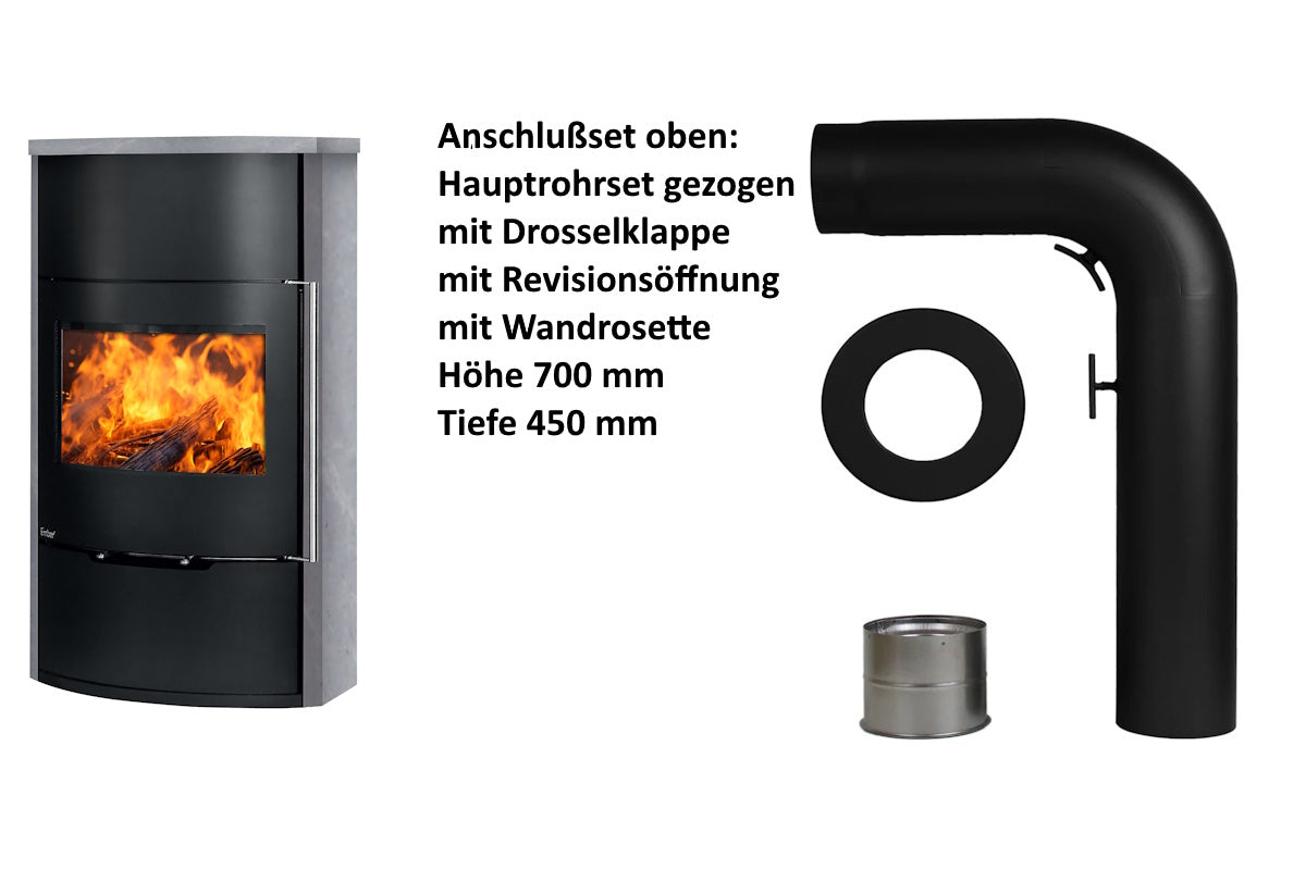 Ember Kamin O 2 mit grauer Verkleidung und oberem Anschlusszubehör