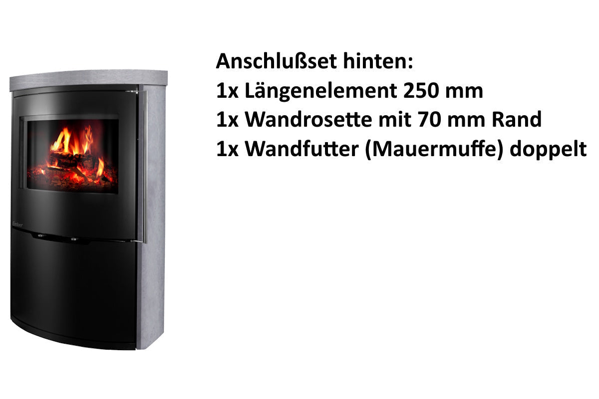 Ember Kamin O 1 XL mit grauer Verkleidung und hinterem Anschlusszubehör