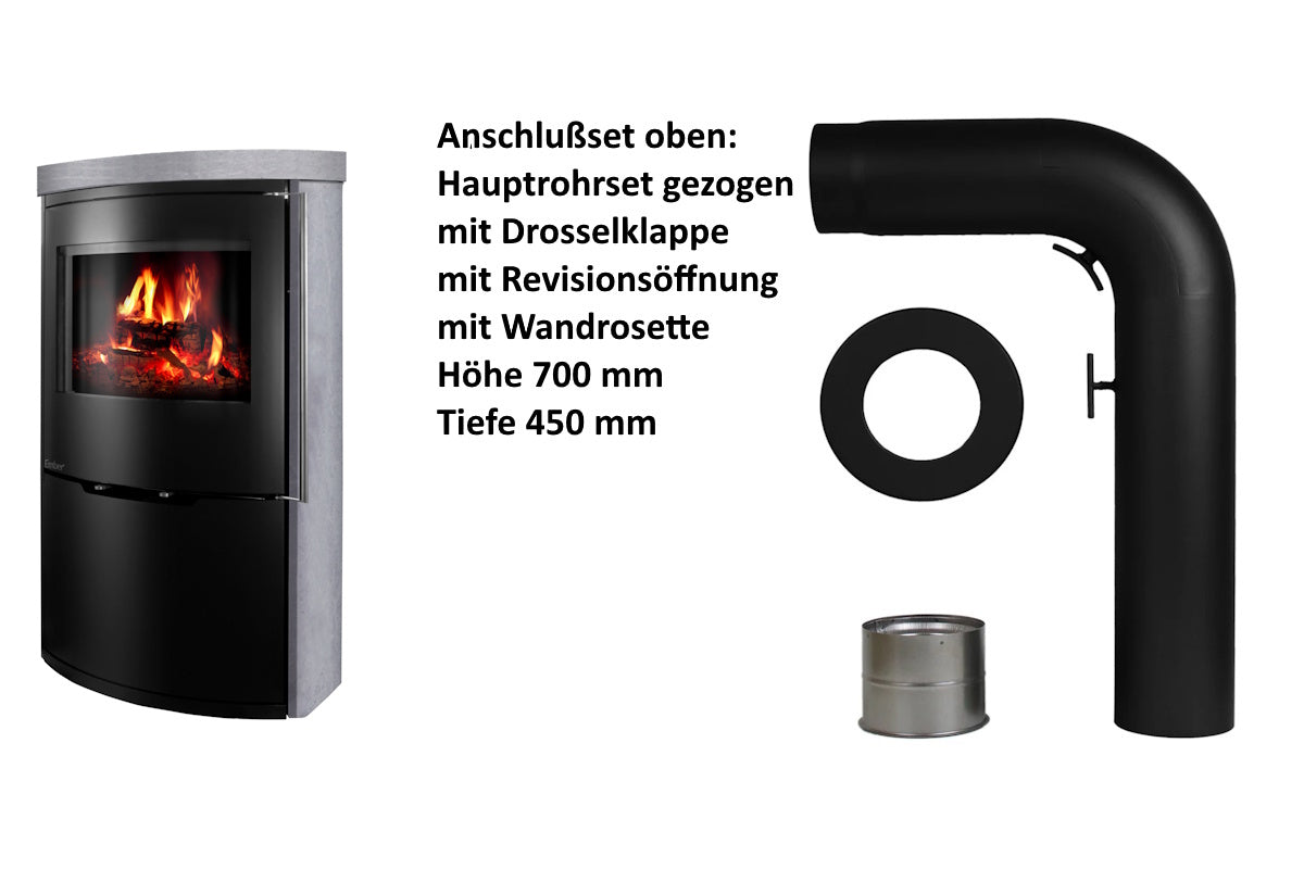 Ember Kamin O 1 XL mit grauer Verkleidung und oberem Anschlusszubehör