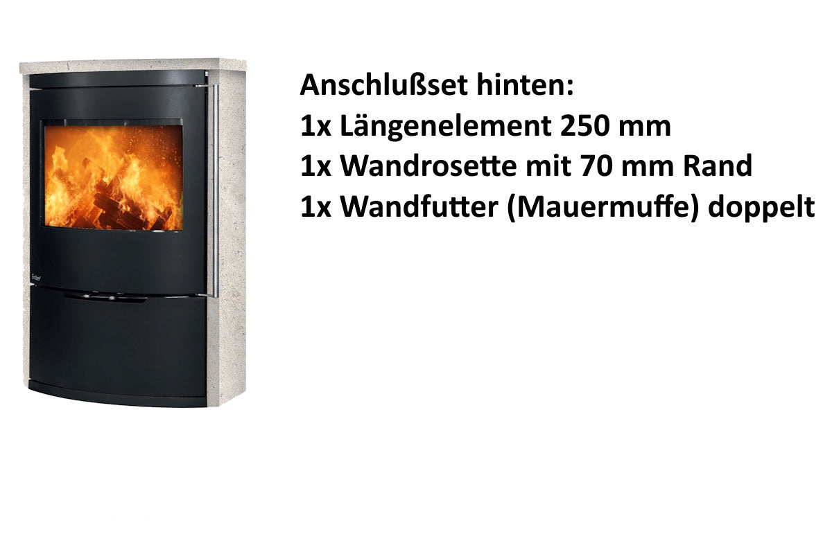 Ember Kamin O 1 mit heller Verkleidung und hinterem Anschlusszubehör