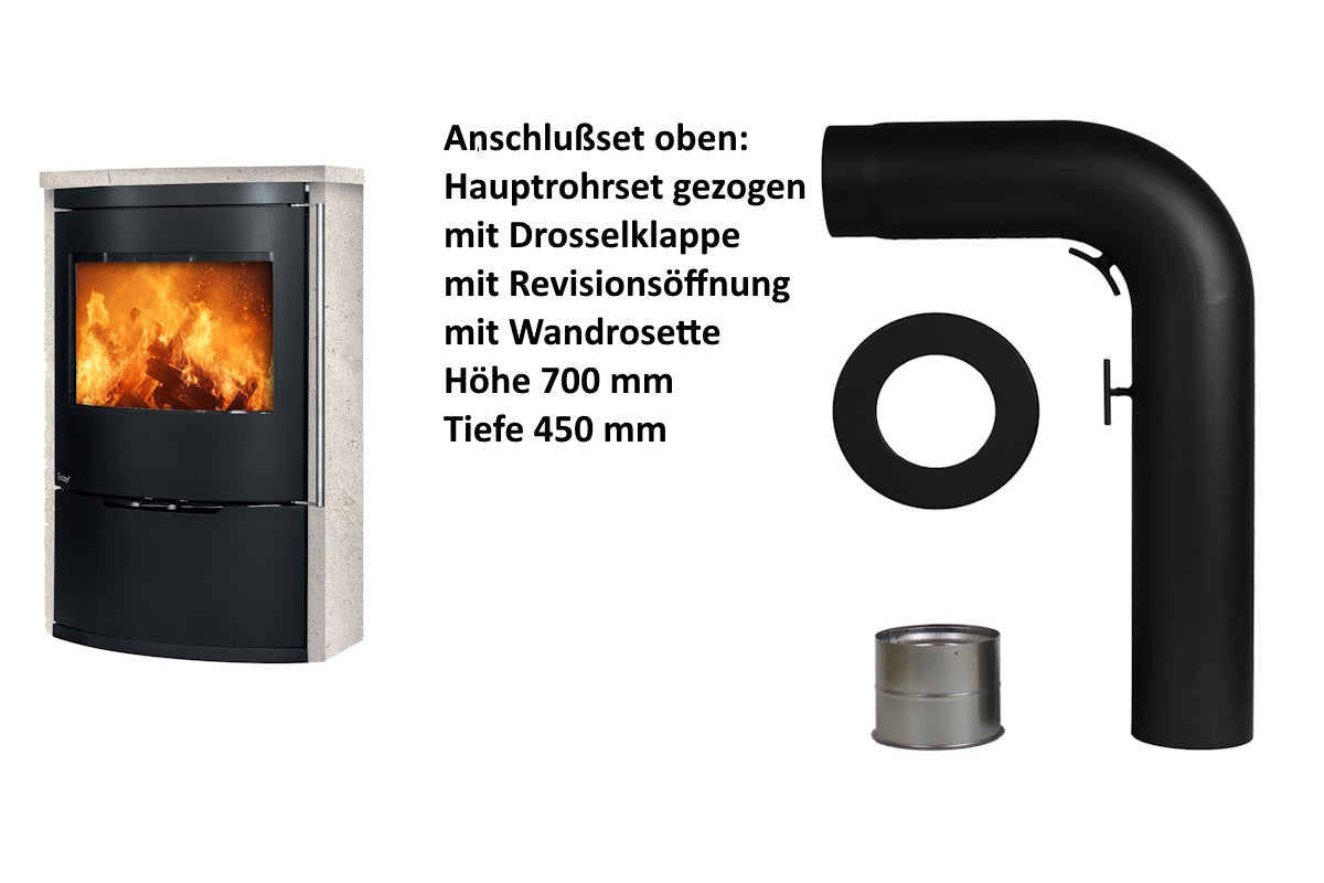 Ember Kamin O 1 mit heller Verkleidung und oberem Anschlusszubehör