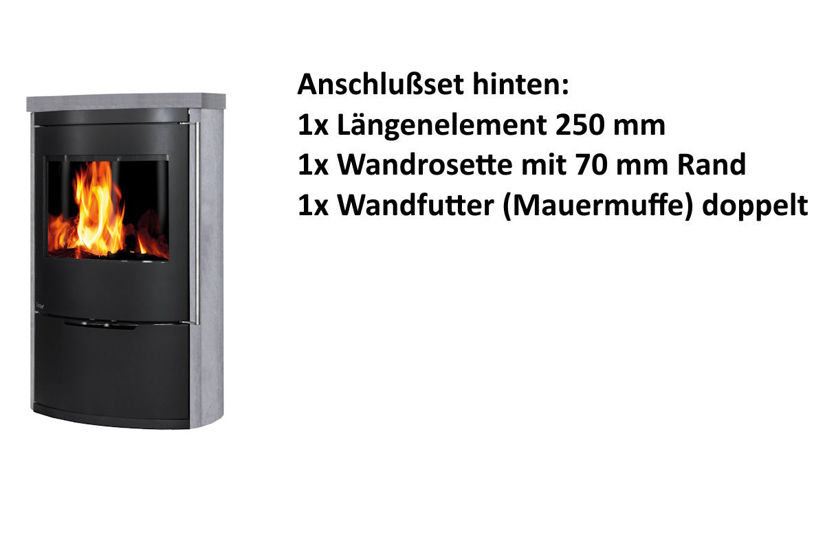 Ember Kamin O 1 mit grauer Verkleidung und hinterem Anschlusszubehör