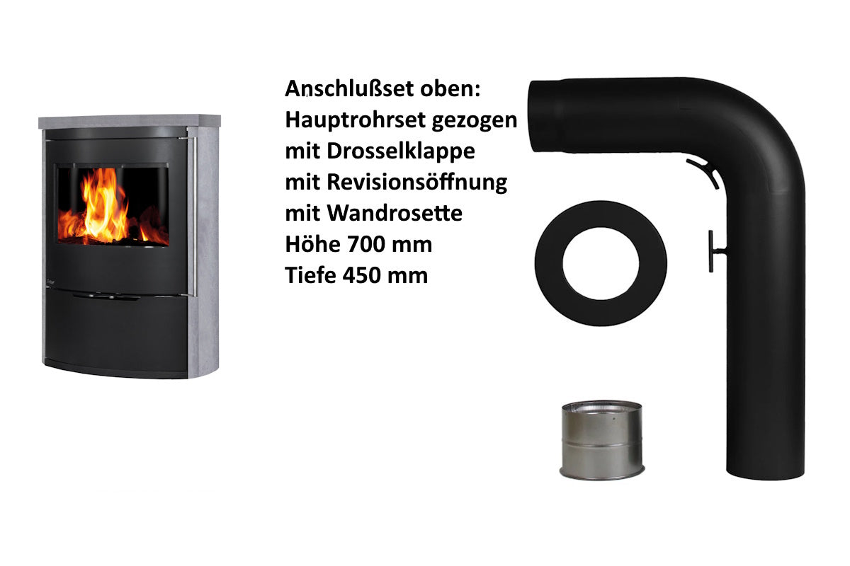 Ember Kamin O 1 mit grauer Verkleidung und oberem Anschlusszubehör