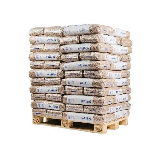 PELLINI Holzpellets in transparenten Säcken auf Palette