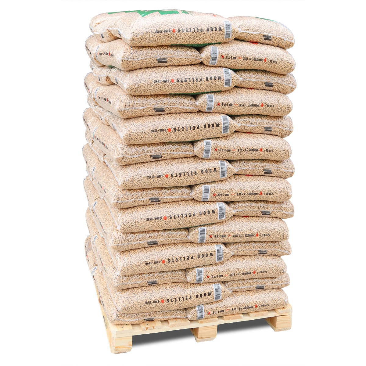 Holzpellets in transparenten Säcken auf einer Holzpalette
