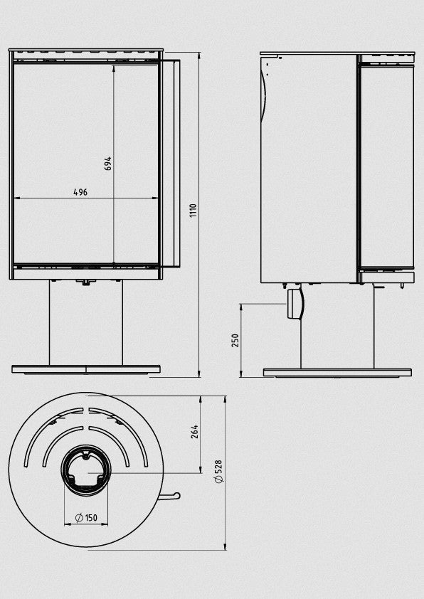 Technische Zeichnung eines Kaminofens mit Massangaben