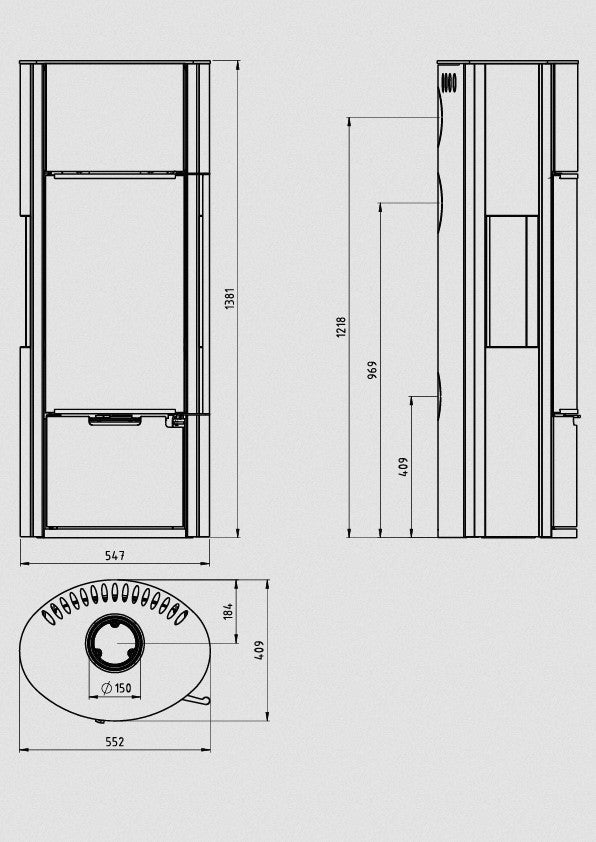 Masszeichnung des Ember Kaminofens E-15XL