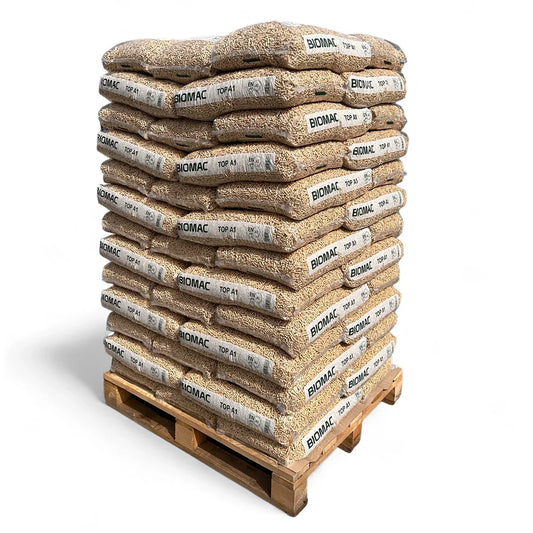 BIOMAC TOP A1 Holzpellets in transparenten Säcken auf Palette