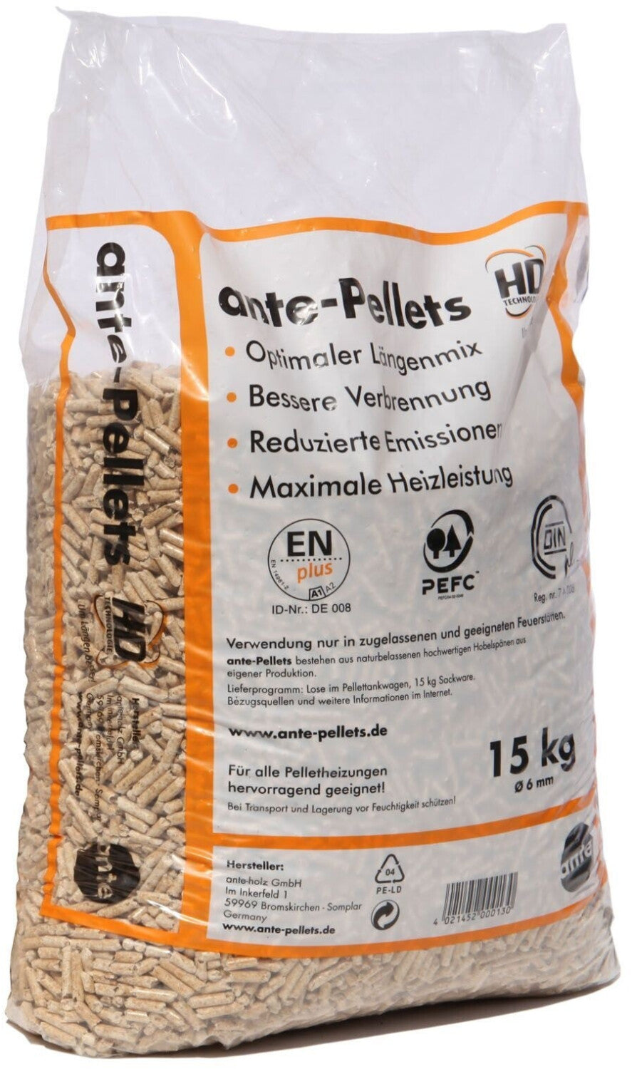 ante-Pellets im transparenten 15-kg-Sack mit weiss-orangefarbenem Etikett