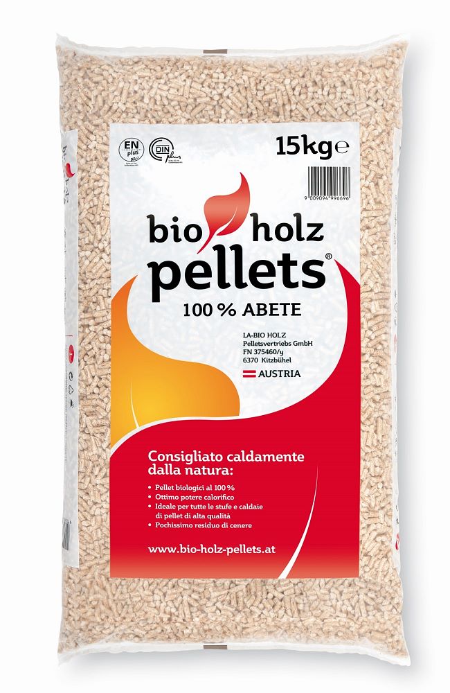 Bio-Holzpellets im transparenten 15-kg-Sack mit rot-weissem Etikett