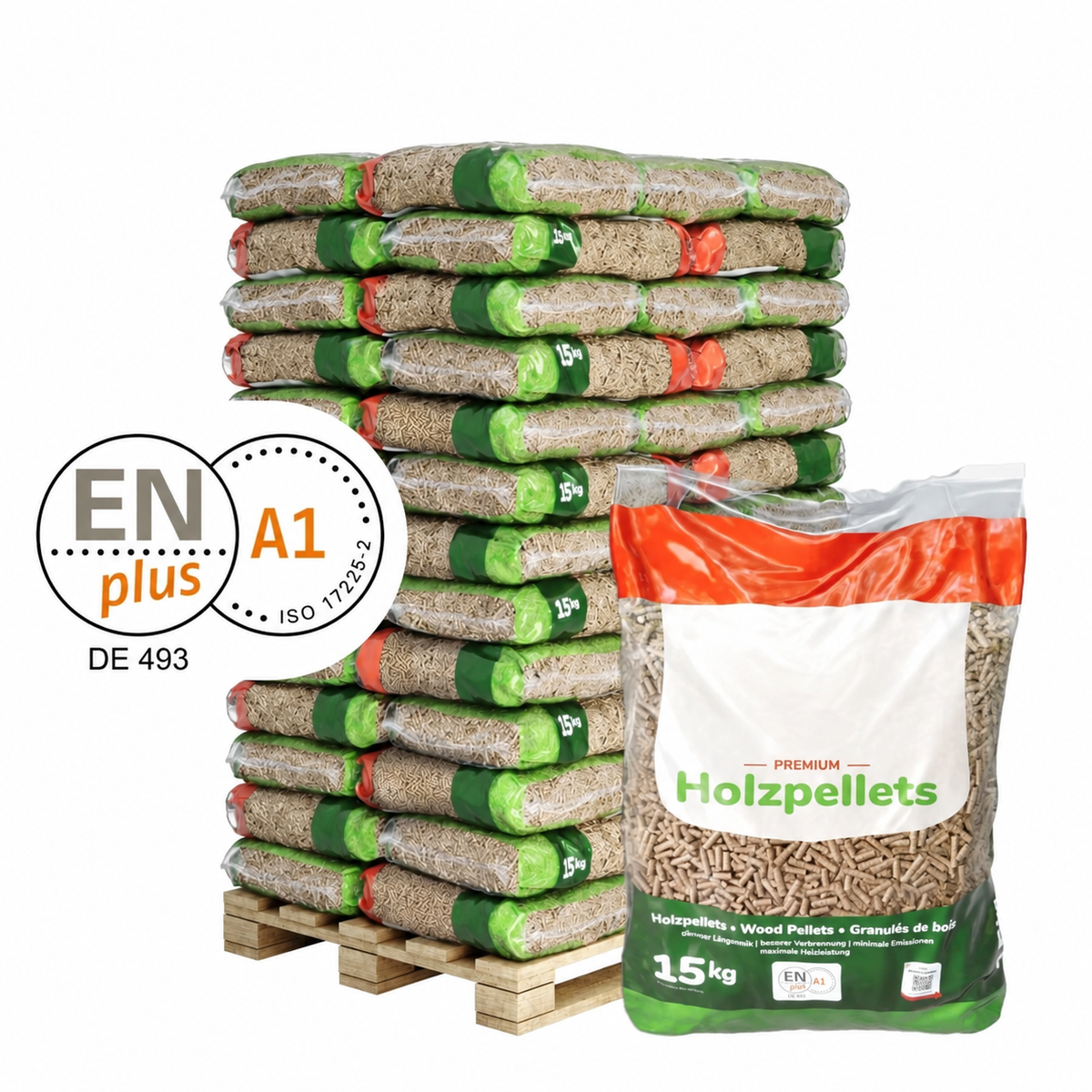 Holzpellets in Säcken auf Palette mit einzelnem 15-kg-Sack und eingeblendetem ENplus-A1-Zeichen